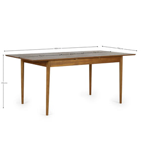Wooden dining table with dimensions indicated on a white background