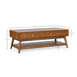 Wooden coffee table with dimensions on a white background