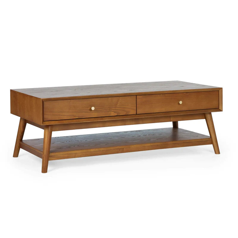 Wooden coffee table with two drawers on a white background