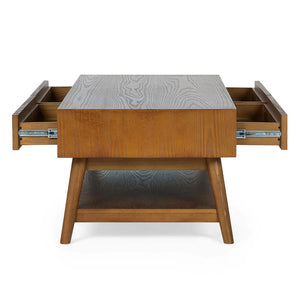 Wooden coffee table with two drawers on a white background