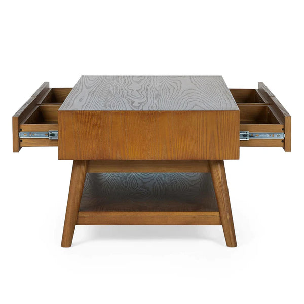 Wooden coffee table with two drawers on a white background