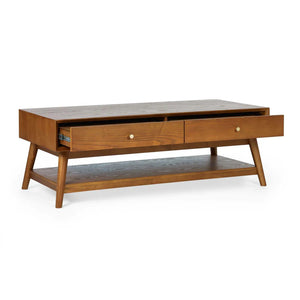 Wooden coffee table with two drawers on a white background