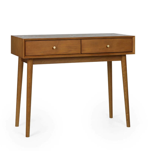 Wooden console table with two drawers on a white background