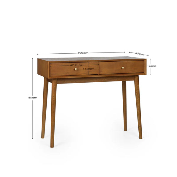 Wooden console table with dimensions on a white background