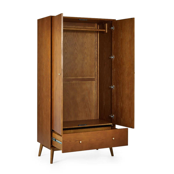 Wooden wardrobe with open doors on a white background