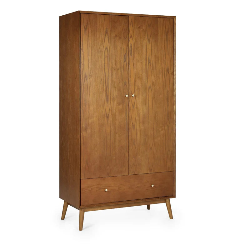 Wooden wardrobe with two doors and two drawers on a white background