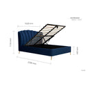 Navy blue bed with dimensions labeled on a white background