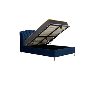 Navy blue bed with open storage compartment on a white background