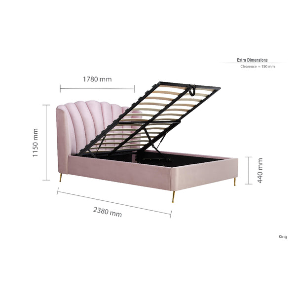 Pink upholstered bed with black metal frame and dimensions on a white background