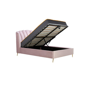 Pink upholstered bed with open storage compartment on a white background