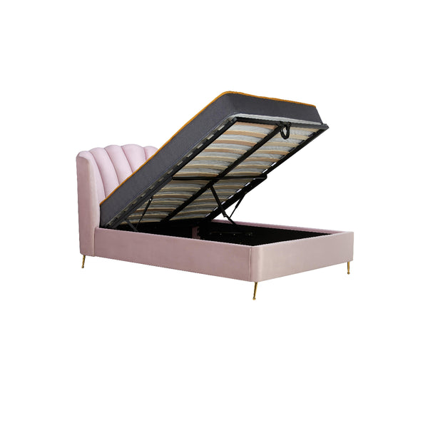 Pink upholstered bed with open storage compartment on a white background