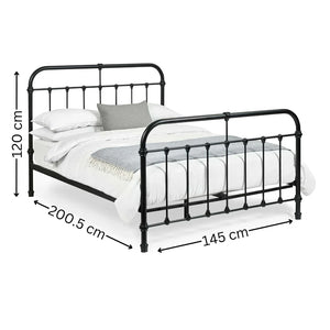 Black metal bed frame with dimensions on a white background