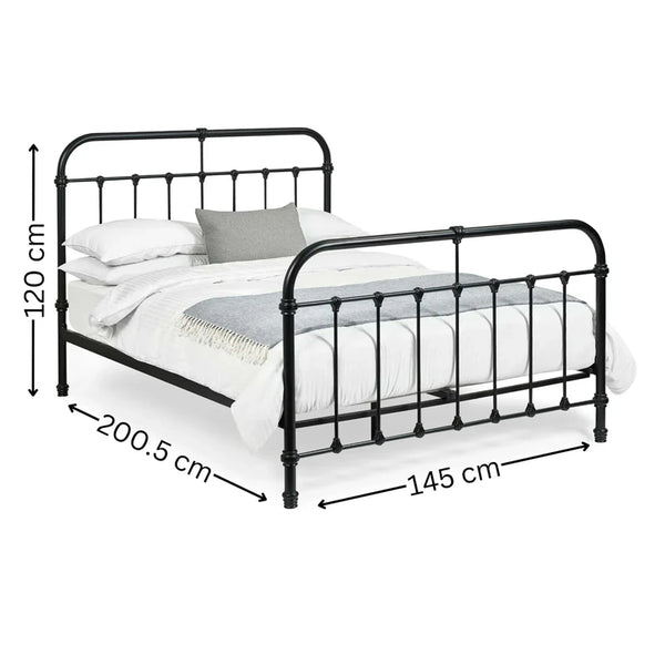 Black metal bed frame with dimensions on a white background