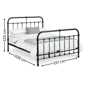 Black metal bed frame with dimensions on a white background