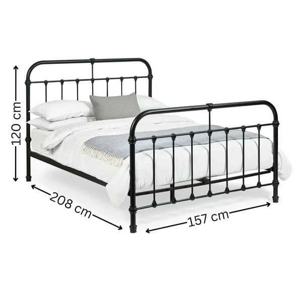 Black metal bed frame with dimensions on a white background