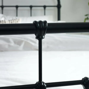Black metal bed frame with decorative claw-hold feet against a white background