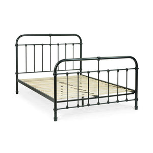 Black metal bed frame on a white background