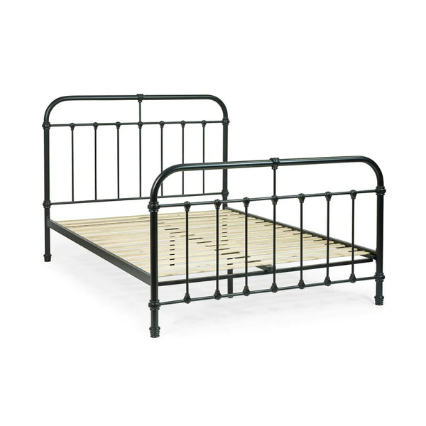 Black metal bed frame on a white background