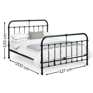 Black metal bed frame with dimensions on a white background