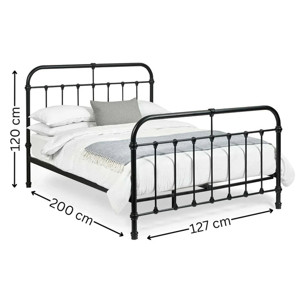 Black metal bed frame with dimensions on a white background