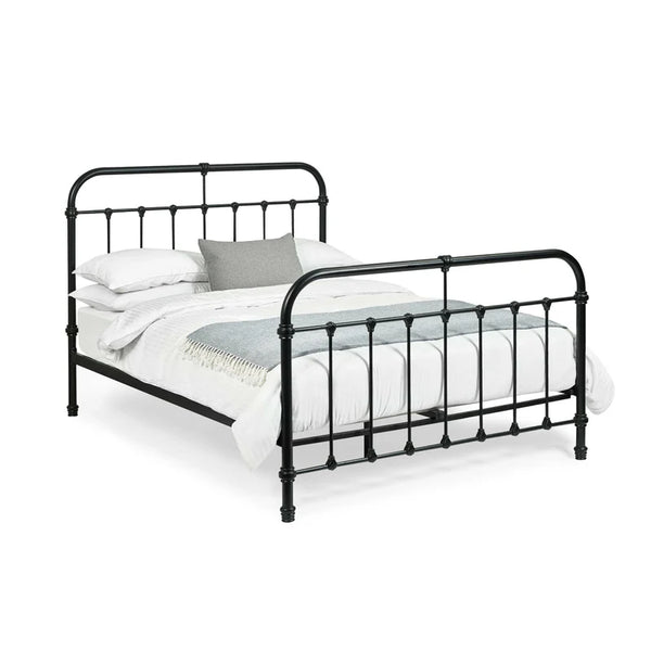 Black metal bed frame with white bedding on a white background
