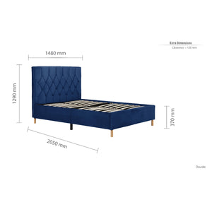 Navy blue bed with dimensions on a white background