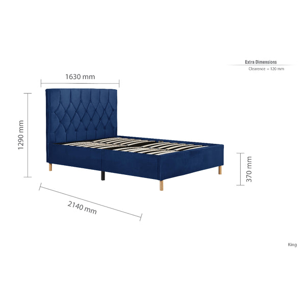 Navy blue bed with dimensions labeled on a white background