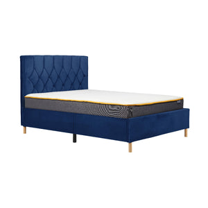 Blue bed frame with mattress on a white background