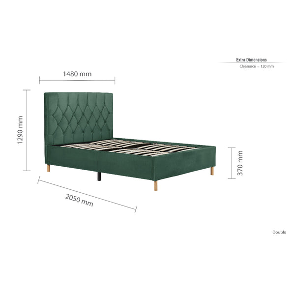Green bed with dimensions labeled on a white background