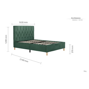 Green bed with dimensions labeled on a white background