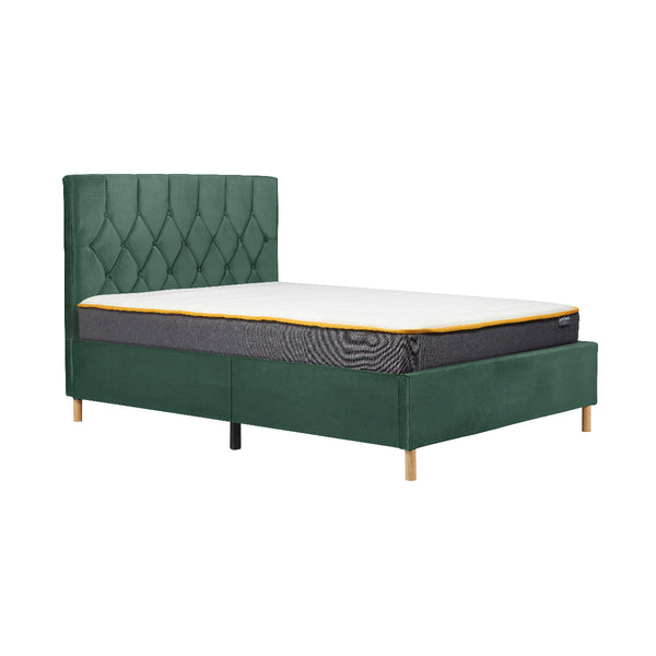 Green bed frame with mattress on a white background