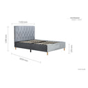 Gray upholstered bed with dimensions on a white background