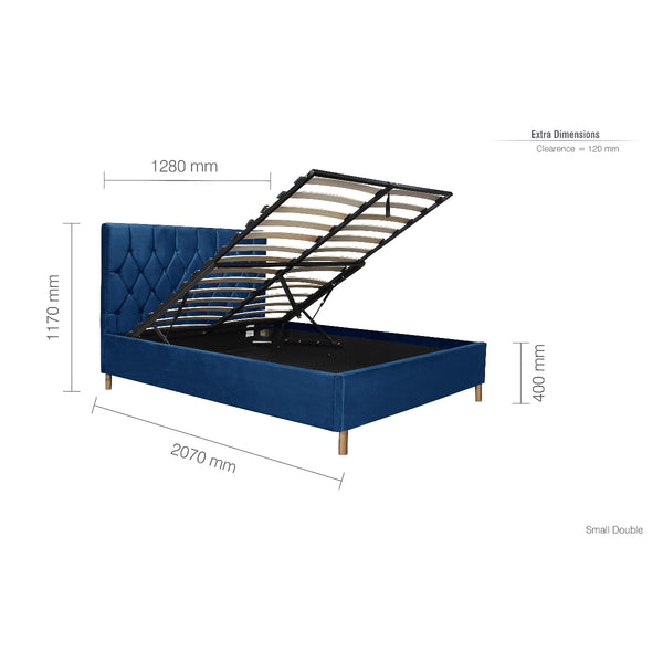 Blue bed frame with open ottoman storage with dimensions on a white background