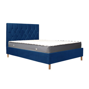 Blue bed frame with mattress on a white background
