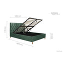 Green bed with dimensions labeled on a white background