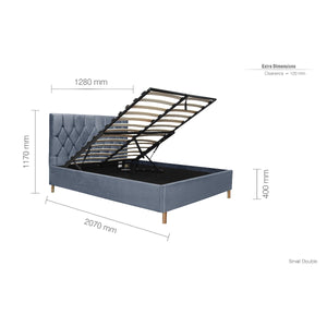 Gray upholstered bed with metal frame and dimensions on a white background