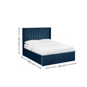 Navy bed frame with white mattress and dimensions on a white background