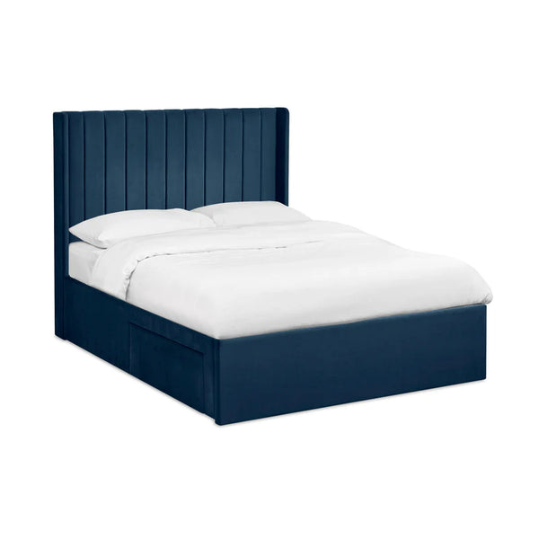 Luca bed frame blue white background with white duvet 