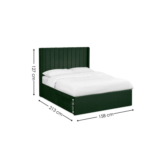 Navy bed frame with white mattress and dimensions on a white background