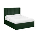 Navy bed frame with white bedding on a white background