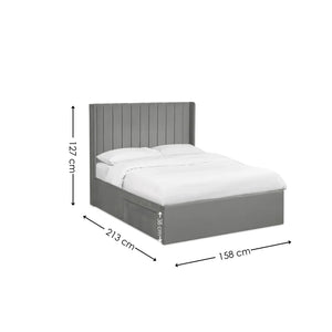 Gray bed frame with white mattress and dimensions labeled on a white background