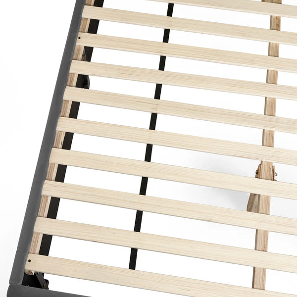 Wooden slatted bed frame with metal support on a white background