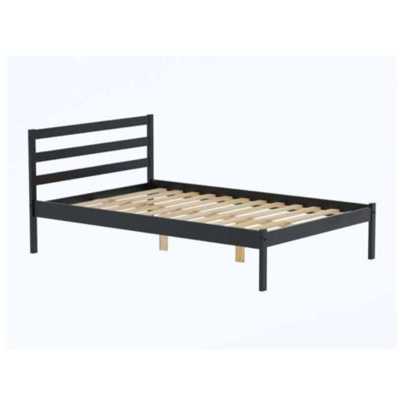 Black metal bed frame with wooden slats on a white background