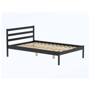 Black metal bed frame with wooden slats on a white background