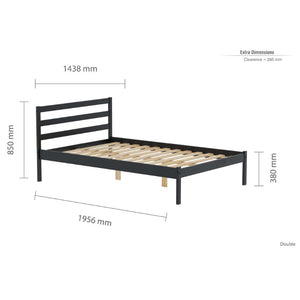 Black metal bed frame with dimensions on a white background
