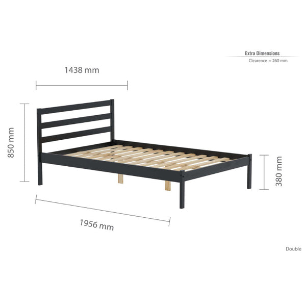 Black metal bed frame with dimensions on a white background