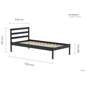 Black metal bed frame with dimensions on a white background