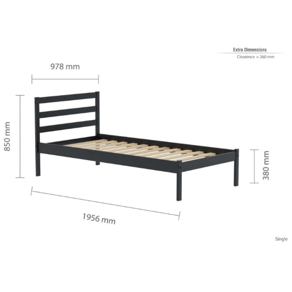 Black metal bed frame with dimensions on a white background
