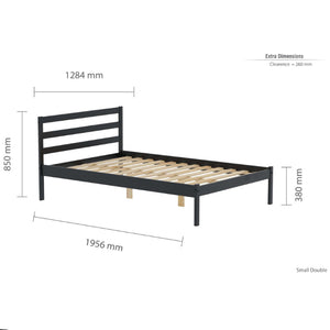 Black metal bed frame with wooden slats, shown with dimensions on a white background