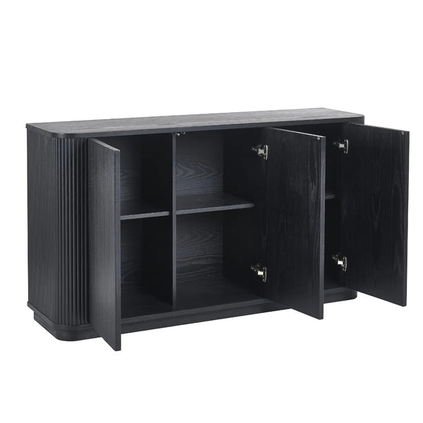 Lulu black fluted sideboard with open doors on white background